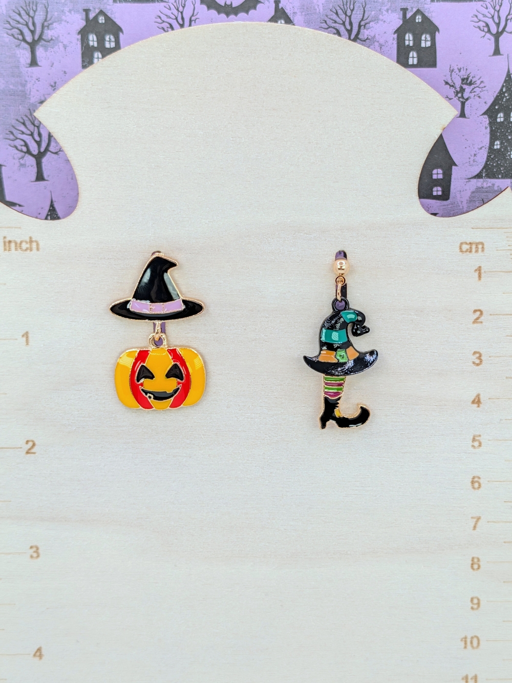 Enamel Halloween Witch Hat and Jack-O'-Lantern Charm Earrings